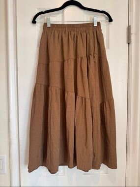 Linen Brown Tiered Midi Skirt - Elastic Waist